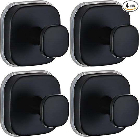 Suction Cup Hooks for Shower - Resuable Bathroom Hooks for Towels, Robes & Loofah - No-Drill Mounting on Kitchen,Walls,Metal,Glass,Mirrors,Tile & Smooth Non-Porous Surfaces (4, Matte Black)