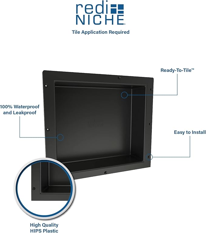 Tile Redi USA Niche Single Recessed Shower Shelf – Black, One Inner Shelf, 16-Inch Width x 14-Inch Height x 4-Inch Depth (620)