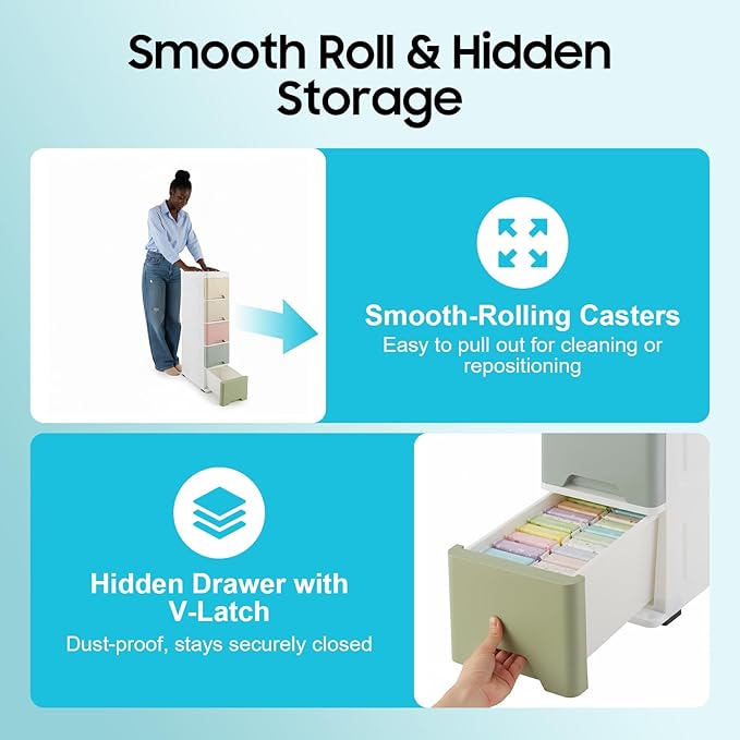 Narrow Plastic Drawers Cabinet, Multi-functional Plastic Tower Organizer with Wheels for Small Space Bathroom Bedroom Kitchen Offices Dormitory, 7 * 15 * 33in (Colorful B)