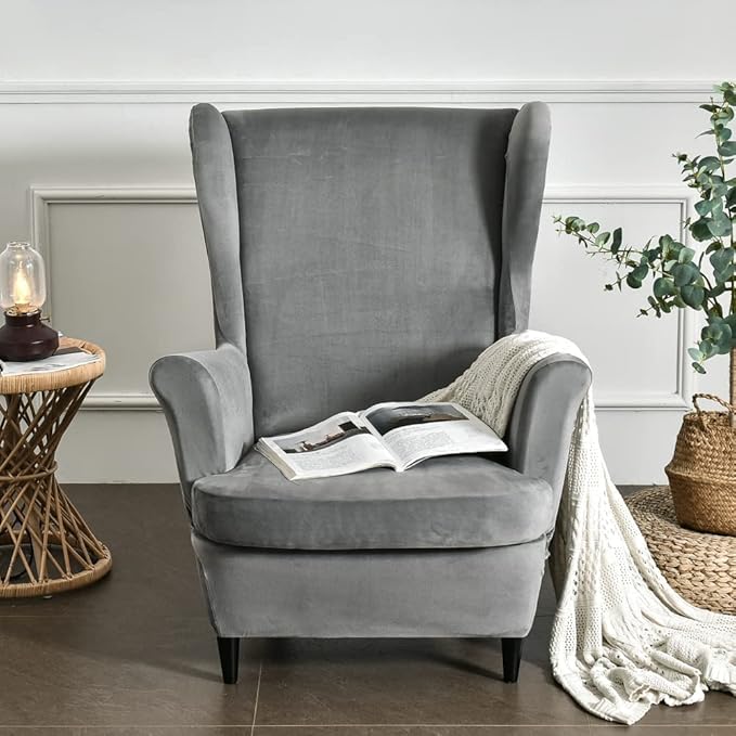 OBCREAT Wingback Chair Covers,2 Piece Stretch Velvet Wingback Chair Slipcover Soft Wing Chair Sofa Covers with Elastic Bottom,Armchair Couch Cover Furniture Protector for Living Room (Grey)