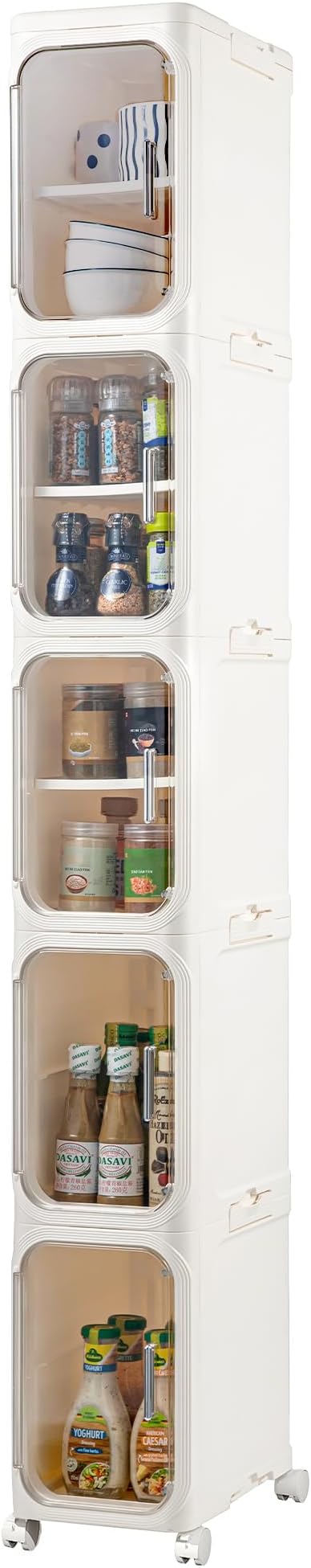 5-Tier Narrow Storage Cabinet Slim Bathroom Storage Cabinet with Movable Wheels Tall Bathroom Organizer Skinny Cabinet for Small Spaces，Beige