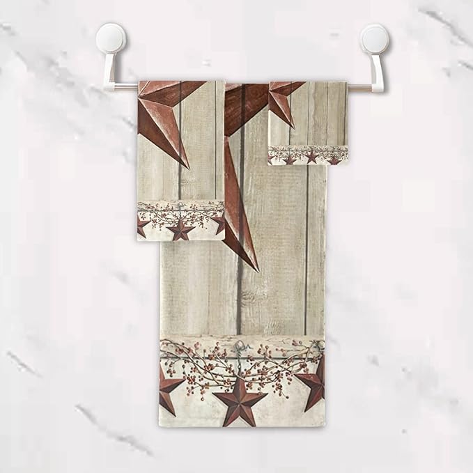 Rustic Bath Towels Set,Soft Absorbent Western Texas Star Primitive Berries on Country Wooden Barn Plank 3 Piece Luxury Bathroom Towels,1 Bath Towel,1 Hand Towel,1 Washcloth for Spa,Gym