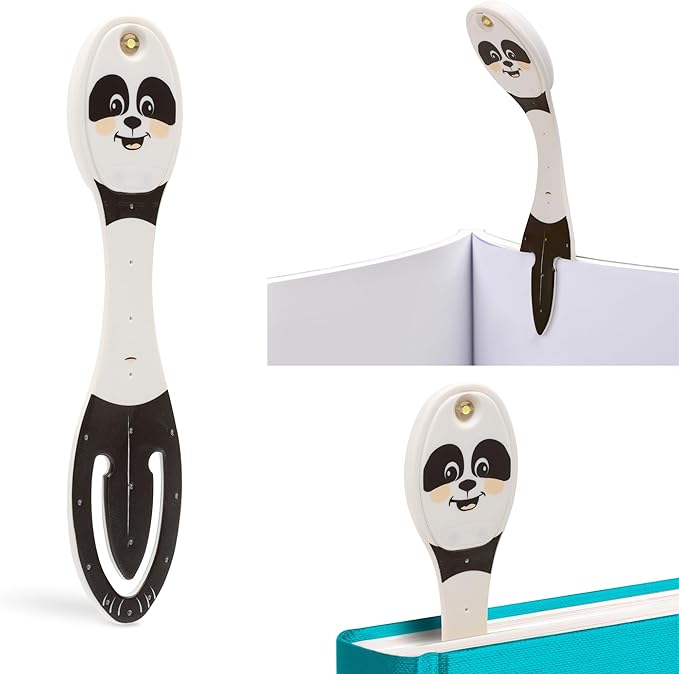 Gifts for Readers & Writers Book Light, Clip On Reading Light for Bed, 2in1 Flexilight & Bookmark, Small & Lightweight with a Soft Glow, 2 Batteries Included, Panda