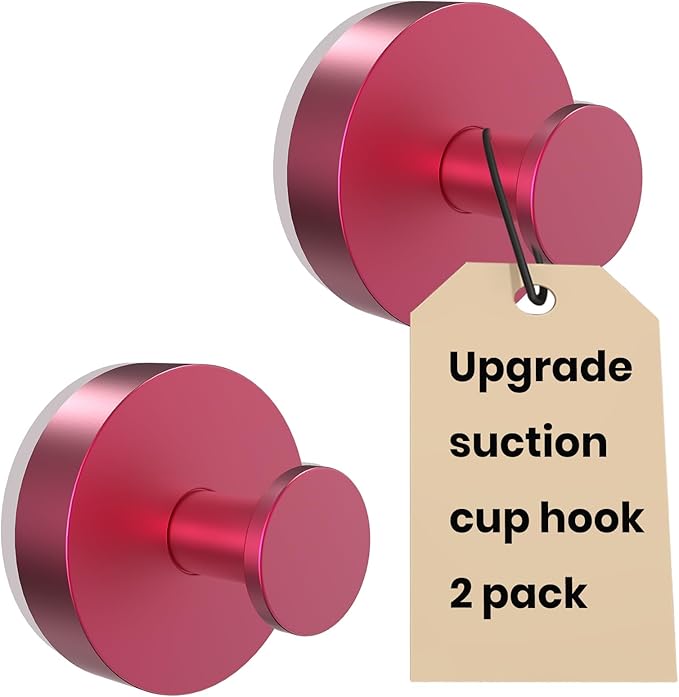 Vacuum Suction Cup Hooks for Shower 2 Pack, Heavy Duty Aluminum Alloy Towel Hooks for Bathroom Kitchen Glass Tile Mirror Wall No Drill Removable Robe Loofah Coat Suction Hooks Hanging-Red