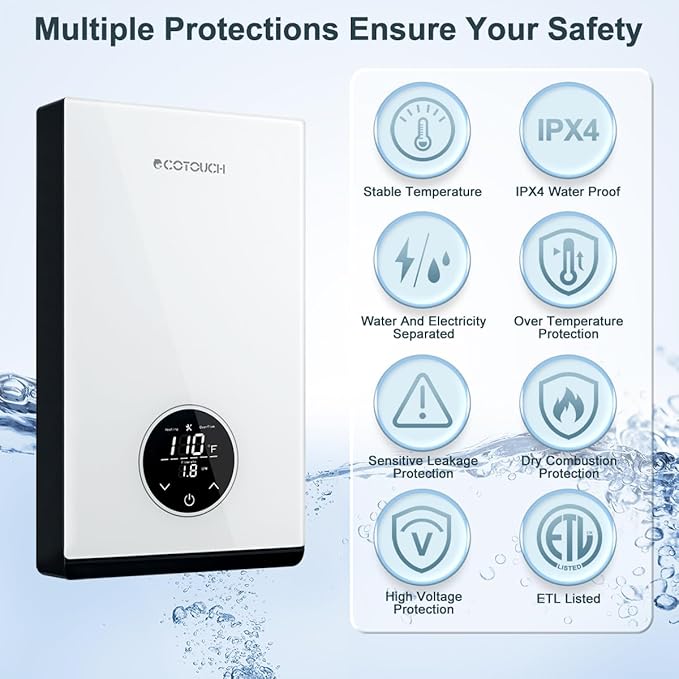 Tankless Hot Water Heater Electric, ECOTOUCH 8kW 240V Instant Water Heater Under Sink Point of Use Water Heaters on Demand with Self Modulating Technology ETL Certificated ECO80S White