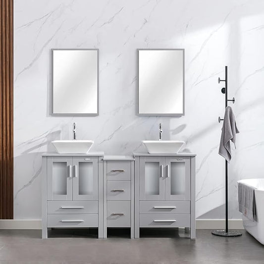 eclife 60" Modern Bathroom Vanity Sink Combo Freestanding Cabinet with Small Side Cabinet, White Square Ceramic Vessel Sink, Water Save Faucet, Drain (Gray+A07)