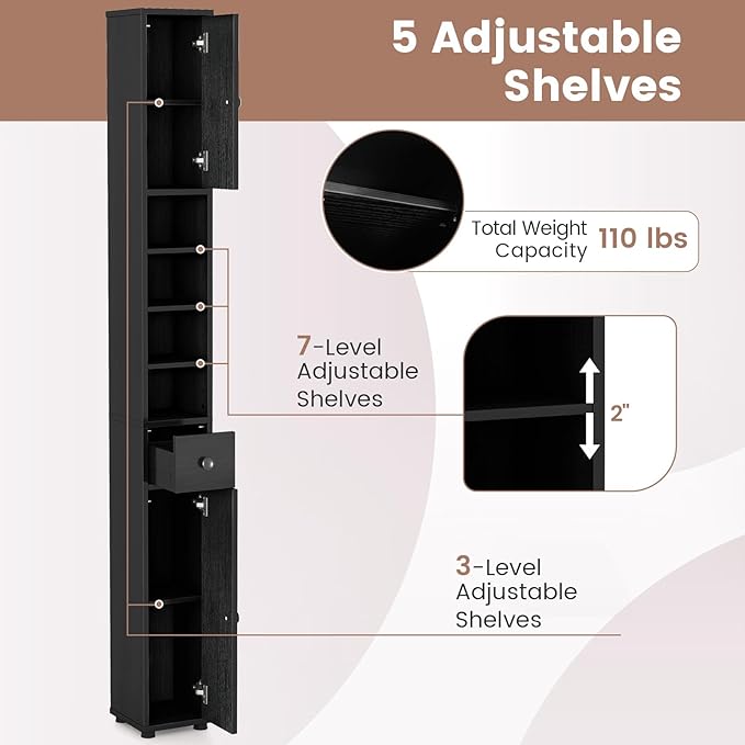 SIMOE Tall Bathroom Storage Cabinet, 8" Slim Narrow Floor Cabinet with 5 Adjustable Shelves & Drawer, 32.5lbs Heavy-Duty 71" Freestanding Skinny Linen Tower for Small Spaces, Moisture-Proof, Black