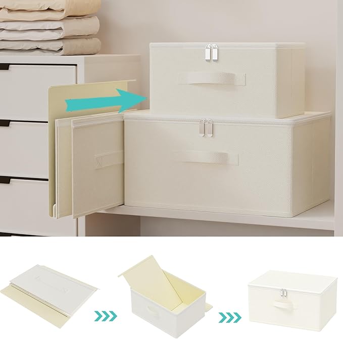 Storage Bins with Zipper, Cube Organizer Basket with Lid, Collapsible Stackable Closet Boxes, for Home and Bedroom, 4 Pack, Beige, 11.8 x 7.9 x 6.3 In, XSNY16BES-4
