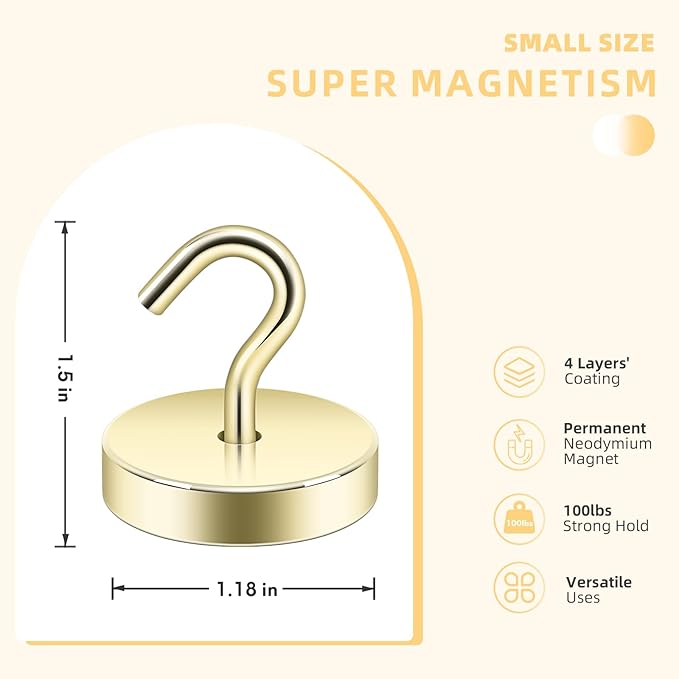 Neosmuk Magnetic Hooks, Cruise Ship Essentials, 10lb+ Heavy Duty Magnetic Hooks for Cruise Cabins, Refrigerator, Grill, Hanging, and Travel | Extra Strong Must-Haves Magnet Hook,Gold