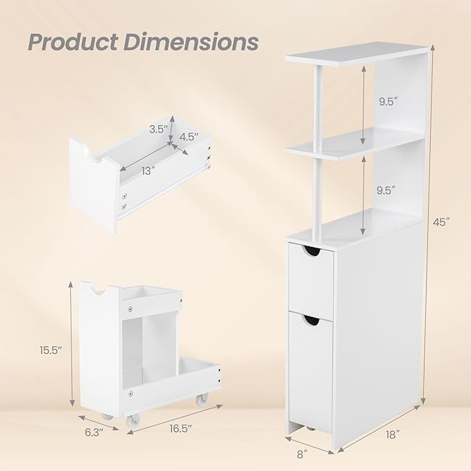 Giantex Slim Storage Cabinet, Narrow Freestanding Bathroom Organizer with Open Shelves, Pull-Out Drawer and Slide-Out Cart, Space-Saving Wooden Floor Cabinet for Entryway, Living Room and Kitchen