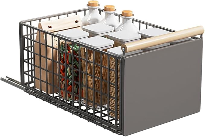 Pull Out Cabinet Sliding Basket, Under Sink Mesh Drawer Organizer with Handle, Metal Kitchen Bathroom Organization Shelf, Countertop Pantry Storage Shelves with Adhesive Nano Tape (Gray, L)
