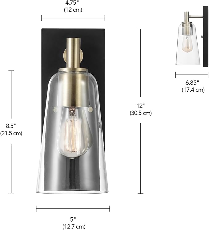 GLOBE Electric 65000045 1-Light Wall Sconce, Matte Black, Matte Brass Accents, Clear Glass Shade, Wall Lights for Living Room, Bedroom, Den, Apartment Essentials, Mounted Bedside Lamp