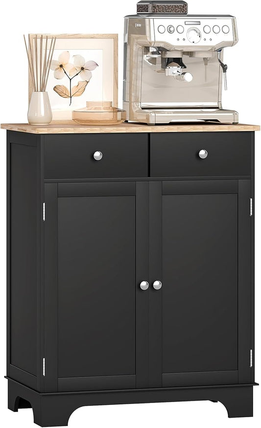 HOMCOM Sideboard with Solid Wood Countertop, Modern Kitchen Storage Cabinet, Coffee Bar Cabinet with 2 Drawers, Doors and Adjustable Shelf, Black