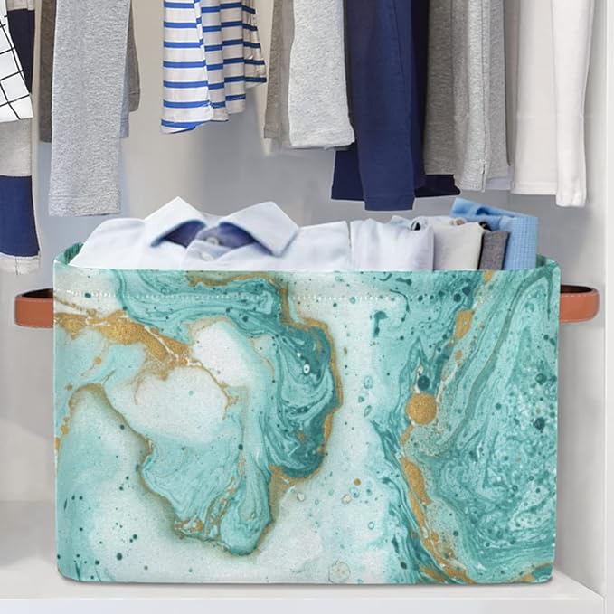 2Pack Turquoise Marble Texture Large Collapsible Storage Bins,Teal Marble Decorative Canvas Fabric Storage Boxes Organizer with Handles,Rectangular Shelves Baskets Box for Home Office Nursery Closet