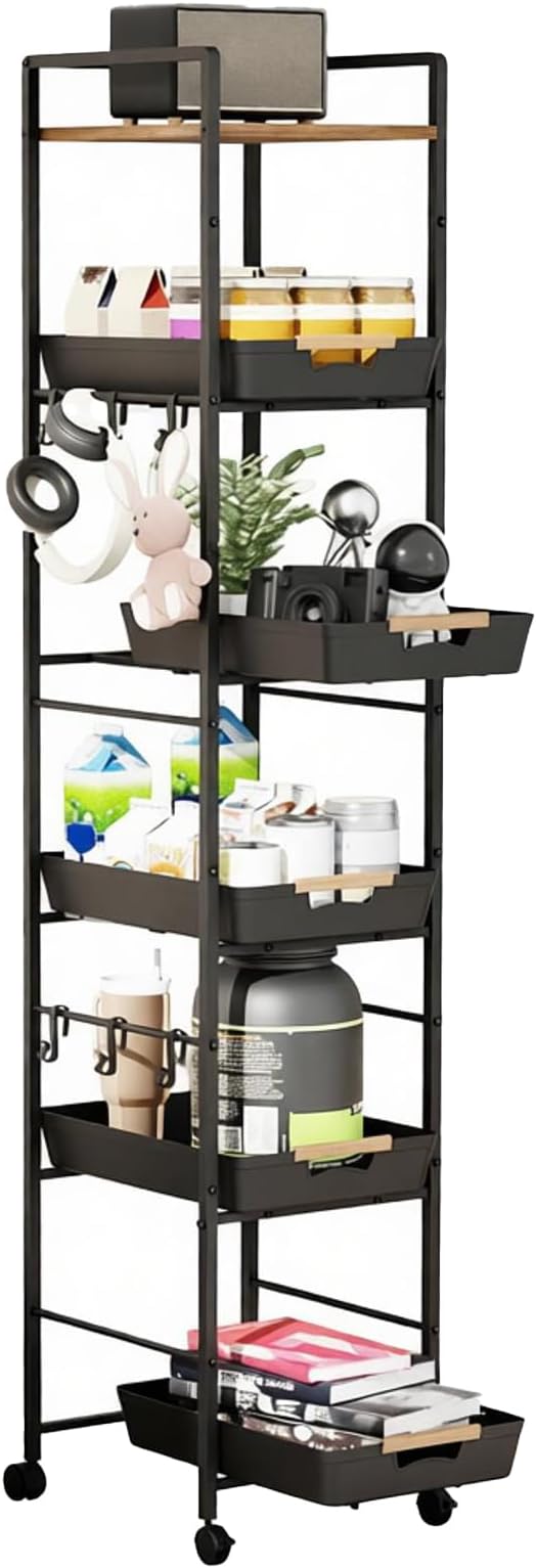 6 Tier Storage Cart with Pull-Out Baskets Rolling Storage Cart with Wheels Wood Top Organizer Rolling Utility Cart for Pantry Laundry Room Bathroom Kitchen Black 14.5”D x 13”W x 64.1”H