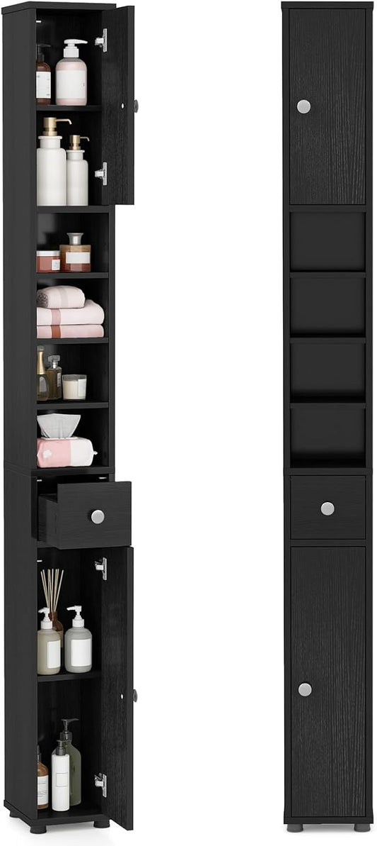 LDAILY 71”Tall Narrow Storage Cabinet, Skinny Bathroom Storage with 1 Drawer, 2 Doors, 5 Adjustable Shelves and Anti-Tipping Device, Wooden Slim Bathroom Cabinet for Office, Kitchen, Small Space