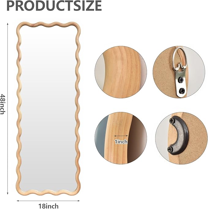 18"x48" Long Irregular Wavy Full Length Wall Mirror, Wood Framed Full Body Floor Mirror Leaning Against Wall for Dressing Bedroom Living Room Cloakroom Horizontal or Vertical Hanging Nature
