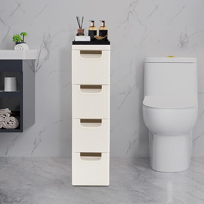 Narrow Plastic Storage Cart with 4 Drawers, Slim Rolling Organizer Dresser on Wheels, Mobile Utility Cart for Bathroom, Kitchen, Laundry Room, Bedroom & Office (4-Tier)