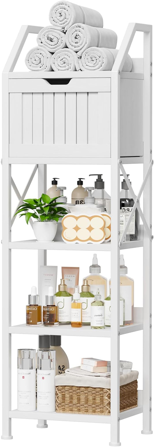 Homeiju Bathroom Floor Cabinet, 5-Tier Bathroom Storage Organizer Rack with Drawer, Multifunctional Corner Unit, 47.24 Inches in Height, White