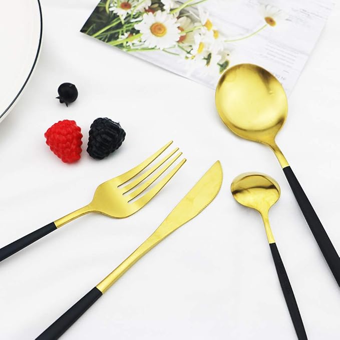 JASHII Matte Silverware Set, 24-Piece Stainless Steel Flatware Cutlery Set for 6, Ideal for Home Wedding Festival Party, Dishwasher Safe (Black Handle Gold)