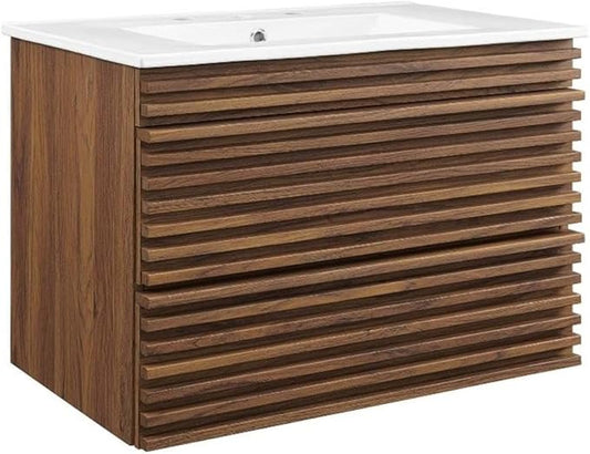 Modway Render 30" Wall-Mount Bathroom Vanity in Walnut White