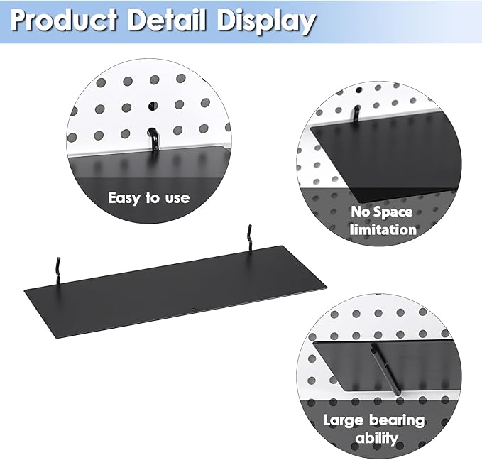 Kokone 6 Pack Pegboard Shelves for Storing or Displaying, 12x4 Inch Flat Display Shelves for Pegboard, Wall Pegboard Shelves Accessories Steel Tray for Garage Workshop Craft Room Organizer