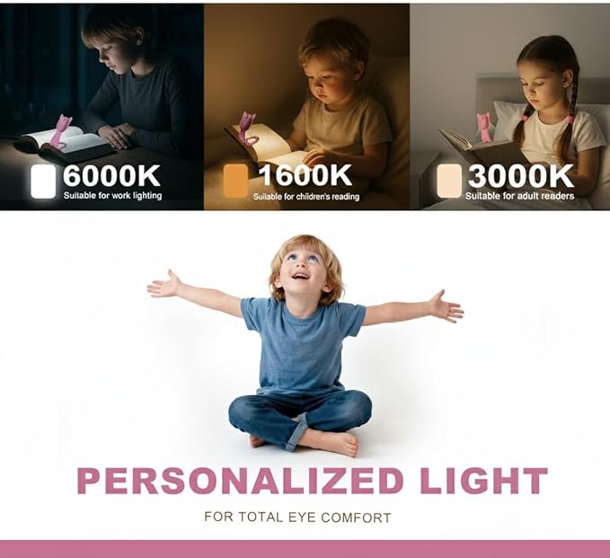 Rechargeable Kids Book Light, Cute Bookmark Reading Light for Kids, Dimmable Portable LED Book Light for Reading in Bed, Eye-Caring Bedtime Reading Lamp for Children & Travel, Pink