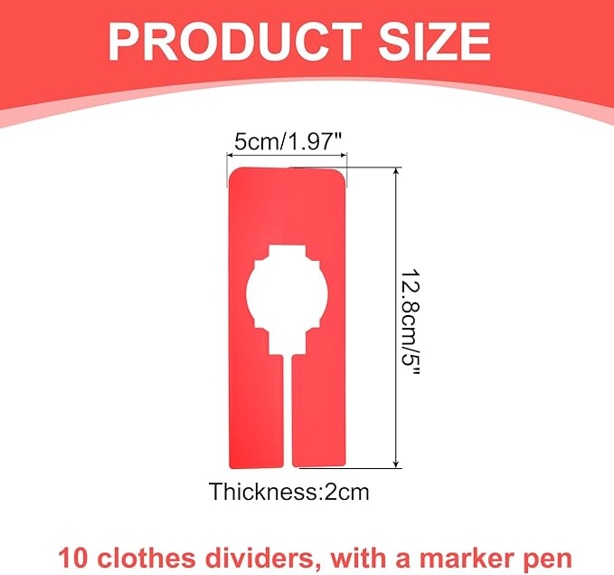 uxcell Clothes Dividers,10 Pack Rectangle Closet Rack Dividers Clothing Rack Size Dividers Blank Labels with Marker Pen Writable & Reusable for Hanging Clothes Sorting Size, Red
