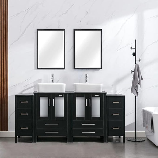 eclife 72" Modern Bathroom Vanity Sink Combo Freestanding Cabinet with Small Side Cabinet, White Rectangle Ceramic Vessel Sink, Water Save Faucet, Drain (Black+T03)