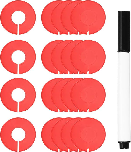 uxcell Clothes Dividers,20 Pack Round Closet Rack Dividers Clothing Rack Size Dividers Blank Labels with Marker Pen Writable & Reusable for Hanging Clothes Sorting Size, Red