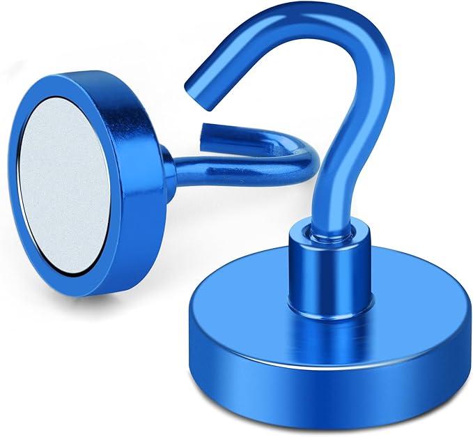 MIKEDE Magnetic Hooks, 85Lbs Strong Neodymium Magnets with Hooks for Cruise, Heavy Duty Earth Magnets Hooks for Refrigerator Hanging, Magnetic Hanger for Cabins, Grill (Blue, 10 Pack)