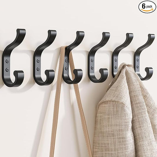Wall-Mount Coat Hooks, Heavy Duty 30LB Hooks for Hanging Coats, Bags, Backpacks, Keys, Hats – Black Metal Hooks for Wall,Door (6 Pack)