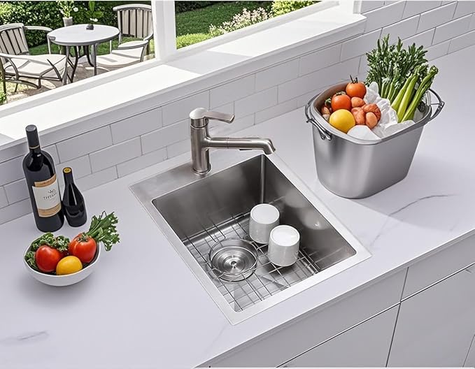 VESLA 15x20 Inch Bar Sink Drop In - Topmount 18 Gauge Stainless Steel Small Kitchen Sink, Single Bowl Brushed Finish for Laundry Wet Bar Prep RV Office Outdoor Yard Use with Bottom Grid & Drain