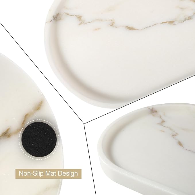 White Marble Tray with Gold Pattern - Decorative Stone Tray for Bathroom & Vanity