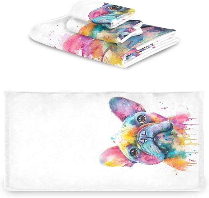 French Bulldog Puppy Towels Set of 3 Watercolor Dog Colorful Art Bathroom Towel Soft Absorbent Bath Hand Towels Washcloth Guest Towel Sets Bathroom Decorations