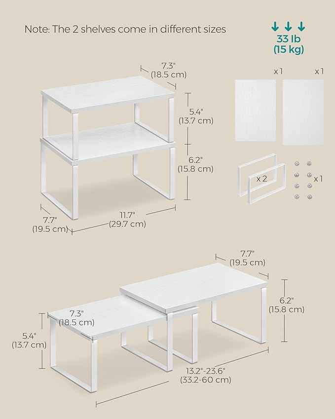 2-Piece Stackable Cabinet Organizer Shelf Set - Expandable Kitchen Spice Rack Storage in White