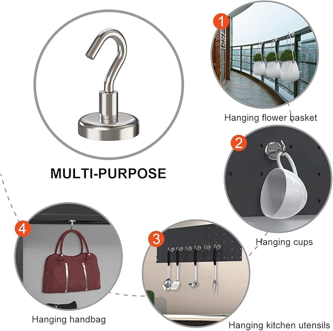 Magnetic Hooks Heavy Duty, 35 lbs Magnets with Hooks for Hanging, Magnet Hooks for Cruise, Grill, Fridge, Kitchen Pack of 12