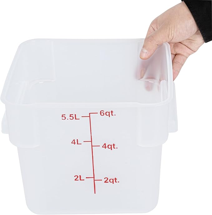 Restaurantware Food Storage Container 10 Pack of 6 qt Plastic Kitchen Storage Bin with Volume Markers Space-Efficient Design Dishwasher-Safe Polypropylene Translucent