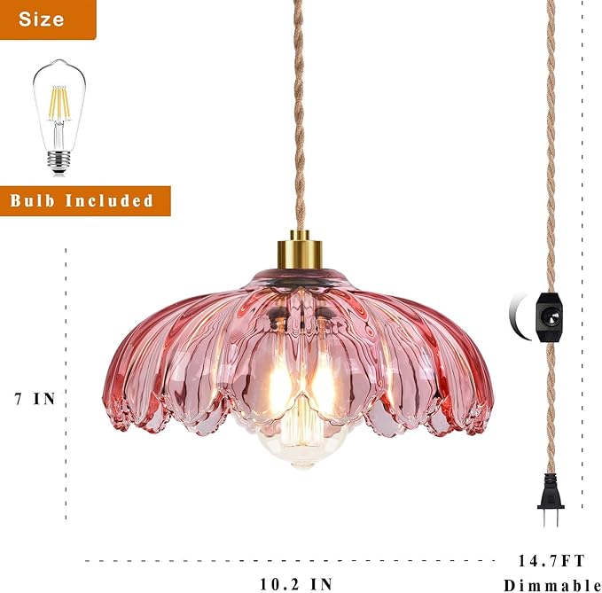Pink Plug in Pendant Light Hanging Lights with Plug in Cord Boho Hanging Lamp Glass Gold Mid Century Modern Vintage Dimmable Flower Plug in Chandelier Ceiling Fixture for Living Room,Kitchen
