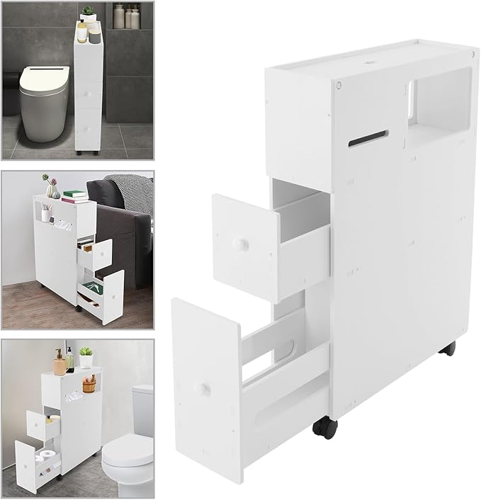 Toilet Paper Holder Stand - Narrow Floor Storage Cabinet with Drawers for Small Bathrooms - White