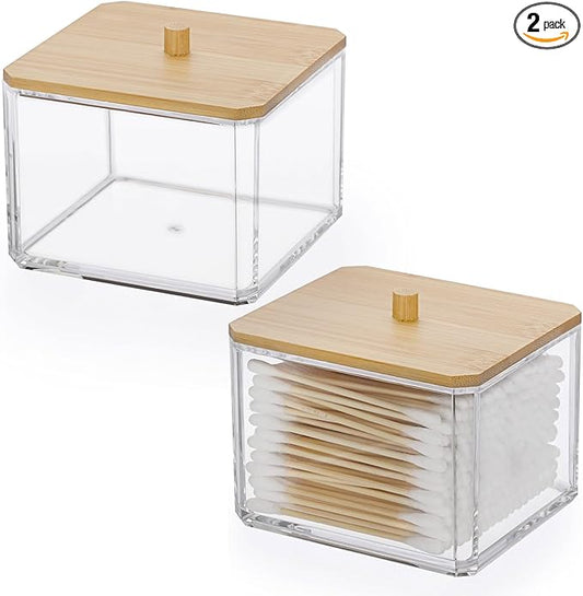 Hipiwe Acrylic Qtip Holder 2 Pack Cotton Swab and Ball Organizer with Lid Bathroom Q-tip Dispenser Clear Acrylic Apothecary Jar for Cotton Pads, Swabs, Balls, Storage Containers for Organizing