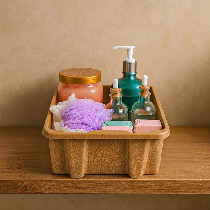 Best Kept Cupboard Organizers And Storage | Plastic Tray Wood-Like Texture| Bathroom Essentials | Skincare Organizer | Facial Care Product Storage Bin | Light Brown 3-Piece Organizer Set