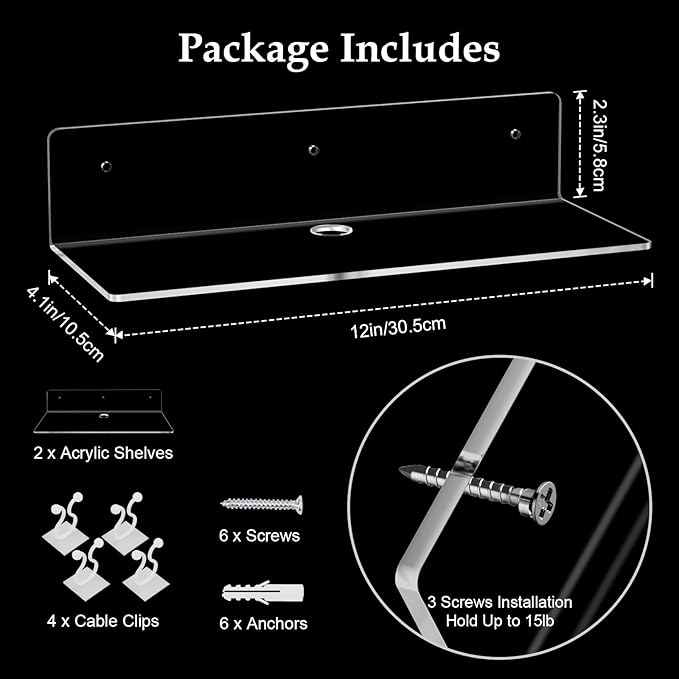 12" Clear Acrylic Floating Shelves, 2 Pack with Cable Clips, Small Floating Shelf for Expand Display Space in Living Room, Bathroom, Gaming Room, Dorm Decor
