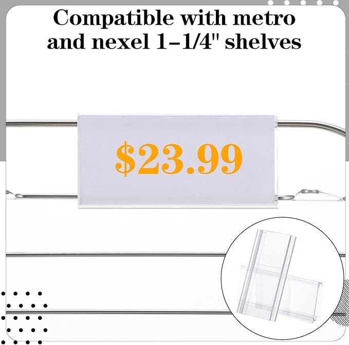 150 Pcs Wire Shelf Label Holder Wire Label Holder with Paper Insert Area 3"x1.25" Plastic Basket Compatible with 1-1/4 Inch Shelves Shelf Tags for Shelving
