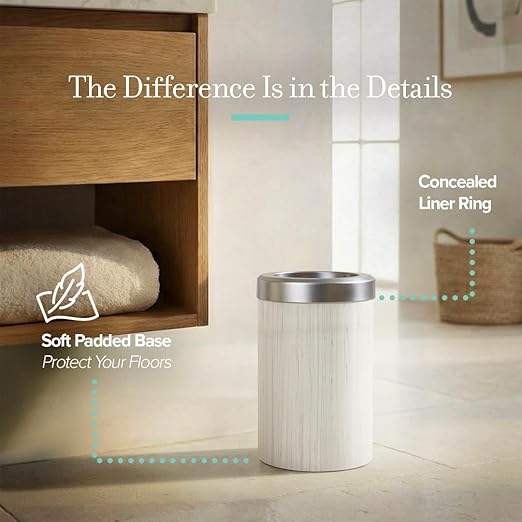 Gatco Small Bathroom Trash Can with Lid, Round 3 Gallon Wastebasket, Under Sink, White Oak with Satin Nickel, for Bathroom, Bedroom, Office (1932SN)