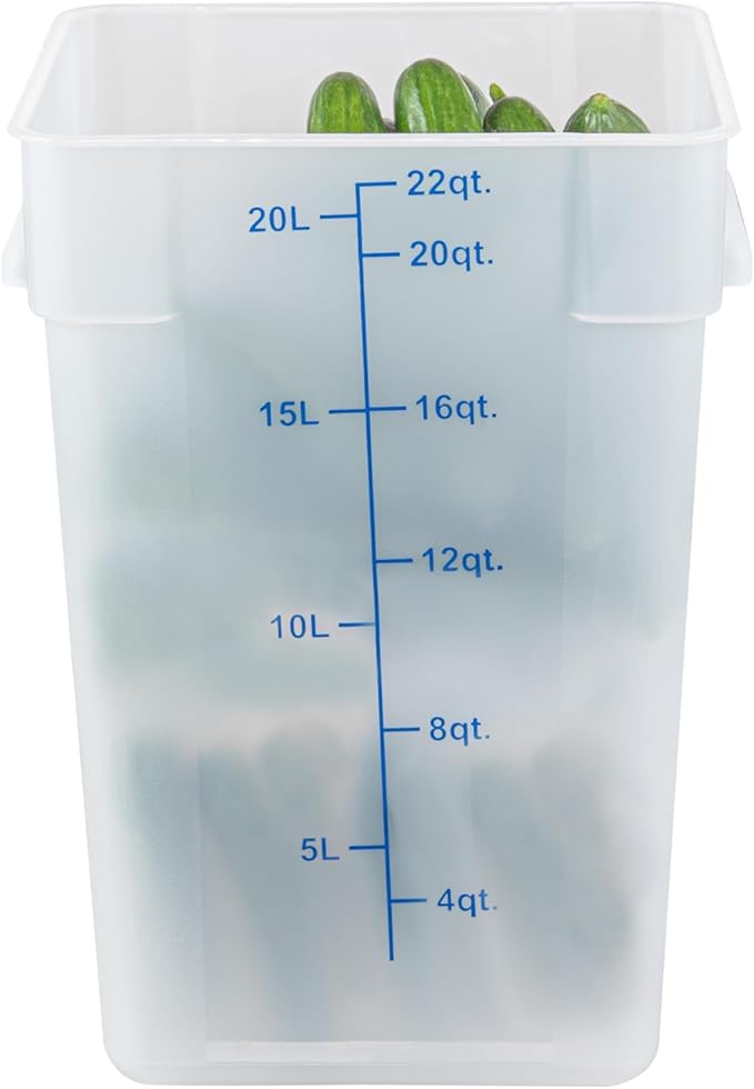 Restaurantware Food Storage Container 1 Pack of 22 qt Plastic Kitchen Storage Bin with Volume Markers Space-Efficient Design Dishwasher-Safe Polypropylene Translucent