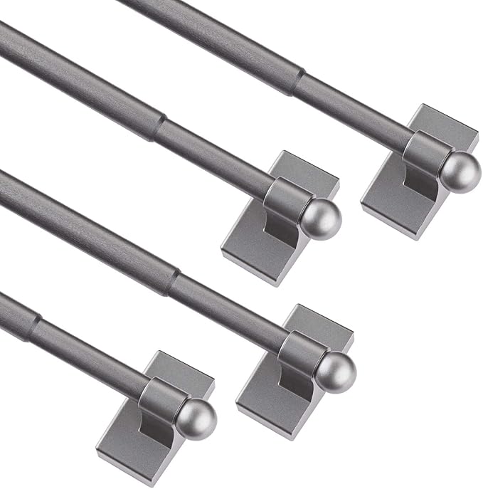 WL.Rocaille Magnetic Curtain Rods for Metal Doors Multi-Use Adjustable Rods Tool Free for Iron and Steel Place 1/2" Diameter, with Petite Ball Finials (4 Pack,9"-16",Pewter)