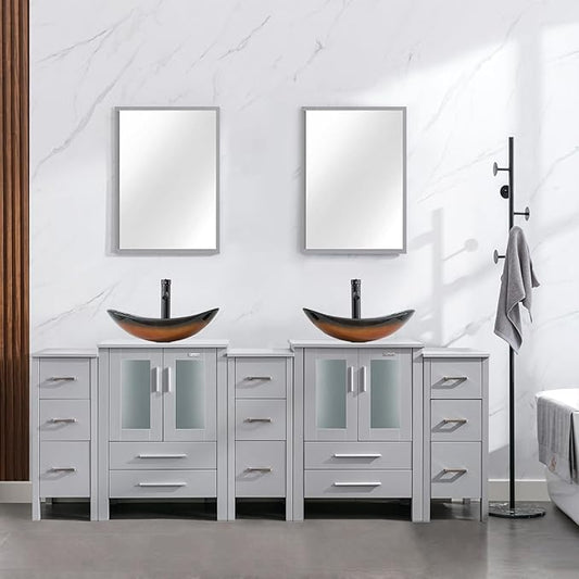 eclife 84" Modern Bathroom Vanity Sink Combo Freestanding Cabinet with Small Side Cabinet, Brown Boat Glass Vessel Sink, Water Save Faucet, Drain (Gray+A29BR)
