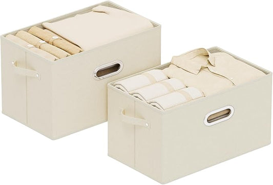 Foldable Cloth Basket with 4 Handles, Decorative Open Storage Boxes, Stackable Cube Organization, Fabric Bins for Shelves, Closet, Living Room, 15x9.8x9.8in, Beige, 2 Pack