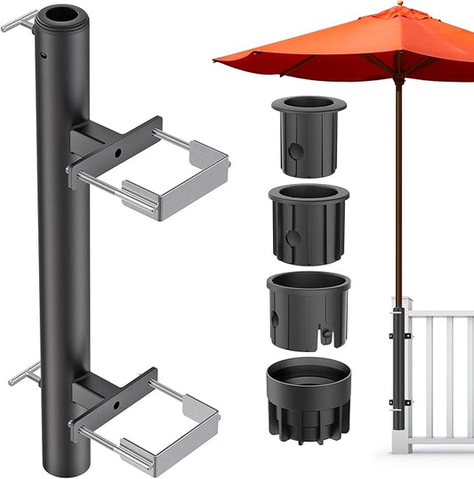 Dolibest Heavy Duty Patio Umbrella Holder, Steel Deck Clamp Holder up to 2'' Poles, Deck Mount Umbrella Holder, Space Saving Design, Attaches to Railing Max Width 4 inch, Easy Installation